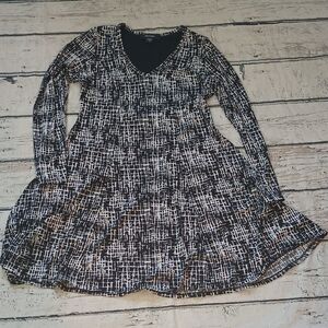 Karen Kane Black White Abstract Pint Long Sleeve A Line Dress L